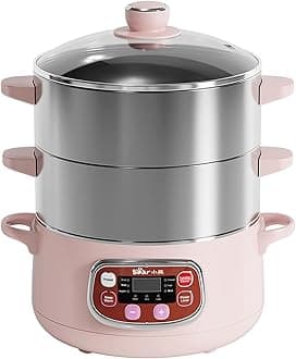 Bar Bear Electric Multifunctional Food Steamer,one Touch Digital Steamer with Timer, Vegetable Steamer 2 Tiered Stackable Stainless Baskets, Auto Shut-Off Anti-Dry Protection, 8.5quart, Steel, Pink