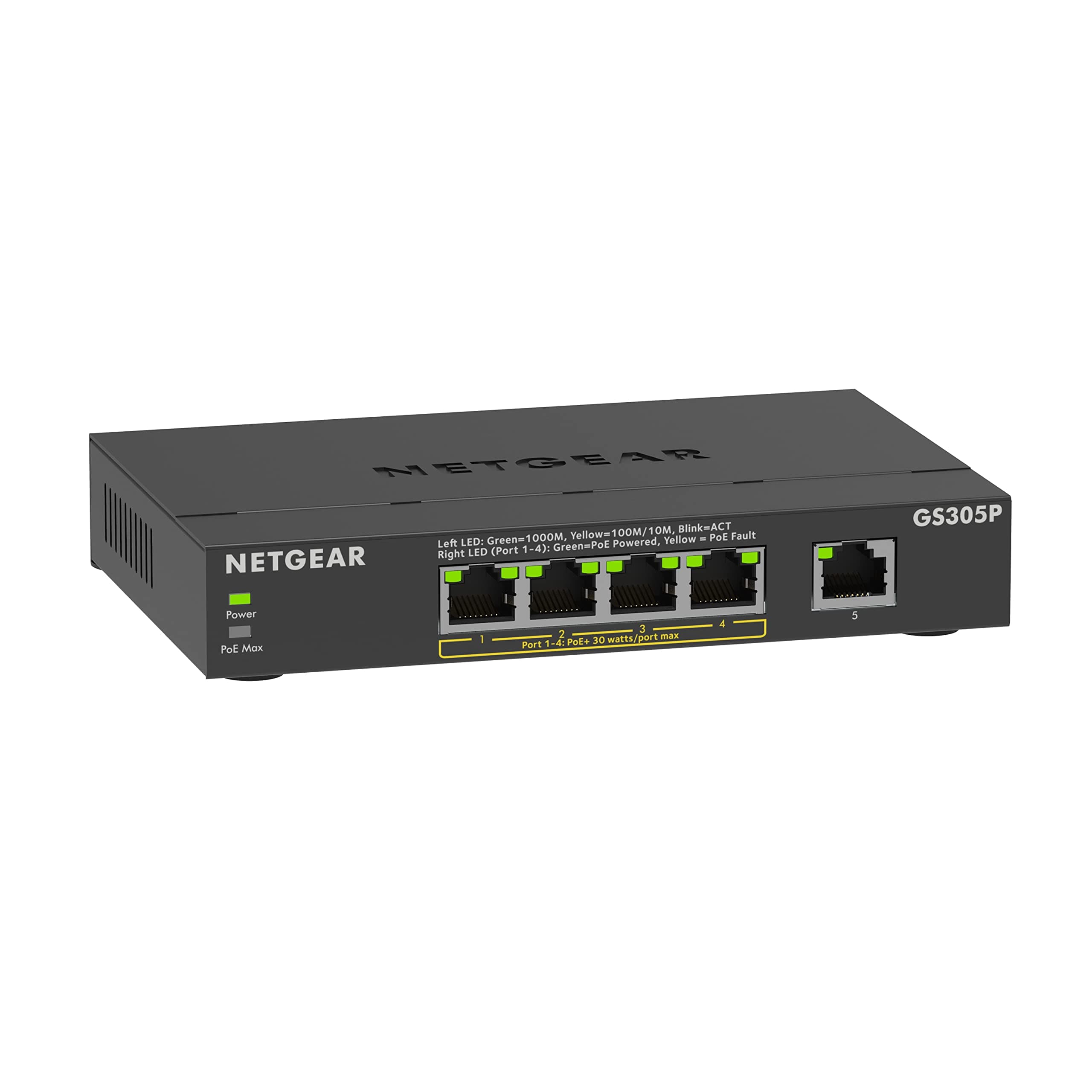 NETGEAR PoE Switch 5 Port Gigabit Ethernet Plus Network Switch, GS305P, with ...