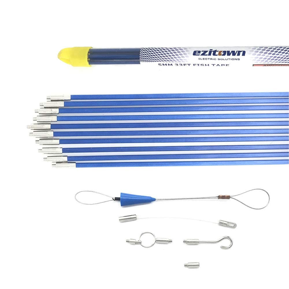 Fiberglass Fish Tape Kit Connectable Cable Puller Diameter 5mm 33 FT Connector Thread M4 Pull Push Electrical Wire Rods with Hook and Eye