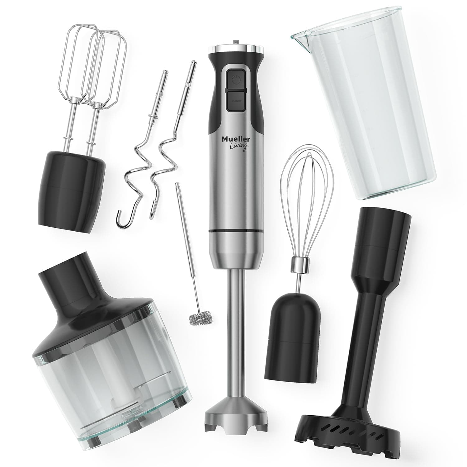 MuellerLiving Immersion Hand Blender Full Set - 8 Speed Immersion Blender, Hand Mixer with 7 Attachments: Stainless Steel Blade, Whisk, Milk Frother, Beater, Mixing Hooks, Potato Masher, Chopper Bowl