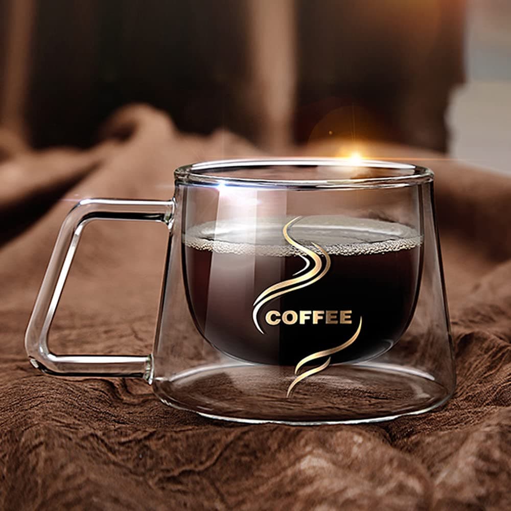 Double Wall Glass Coffee Mug With Handle Cup Heat Insulation Clear Coffee Mugs Double Layers Drinkware Tea Milk Latte Espresso Cappuccino Juice Beverages Water Iced Tea 4oz Dishwasher Safe