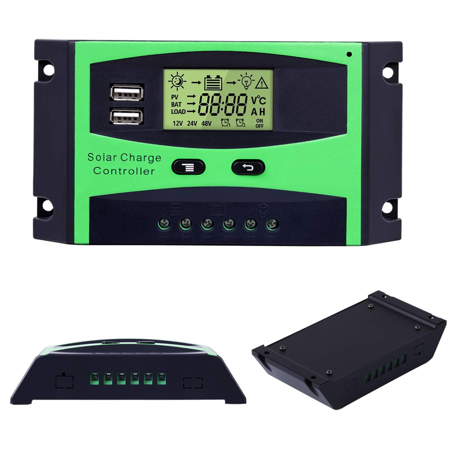 12V/24V Solar Charge Controller Charge Regulator Intelligent, USB Port, LCD Display Overload Protection (30A-Green)