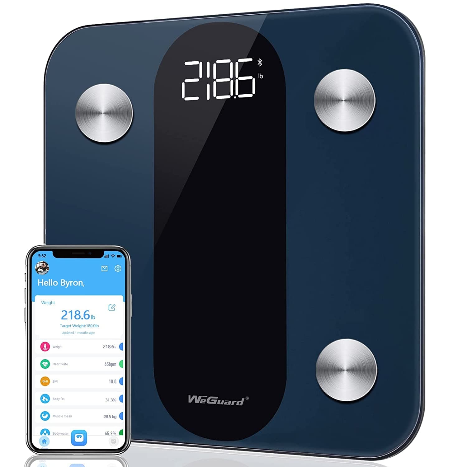 Body Fat Scale, WeGuard Bluetooth Digital Bathroom Scale with Heart Rate Tracking High-precision BMI Smart Scale, Fitness Body Composition Analyzes with Smartphone App, 15 Measurements, 396lbs - Black