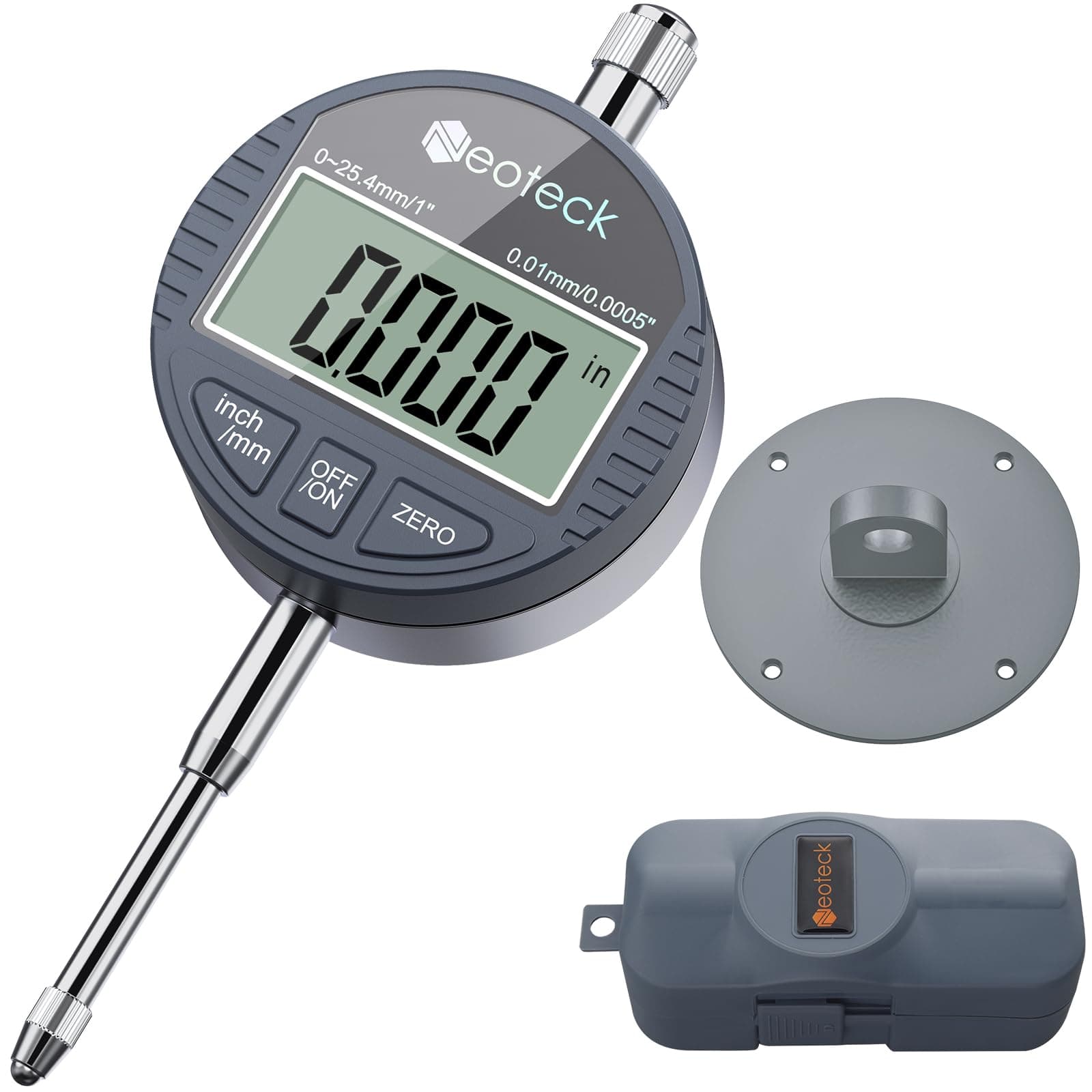 Neoteck DTI Electronic Digital Dial Indicator 1''/25.4mm | Digital Probe Indicator Dial Test Gauge High Resolution: 0.0005''/0.01mm - Silver Gray