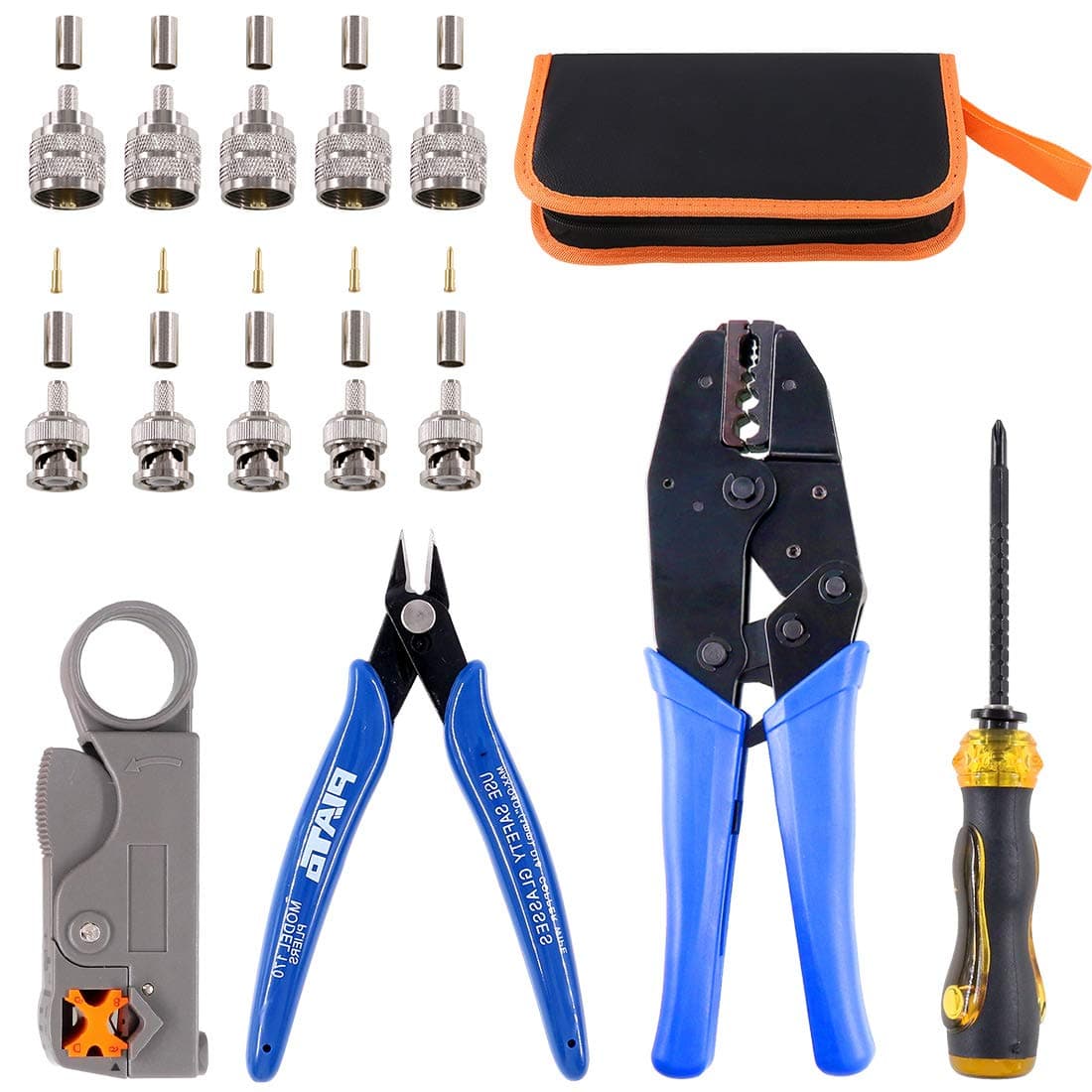 Coaxial Cable Tool Set, Coax RF Connector Crimping Tool + Coaxial Cable Stripper + BNC/UHF Crimp Male Connectors + Wire Cutter + Screw Driver for RG58, RG59, RG62, RG174
