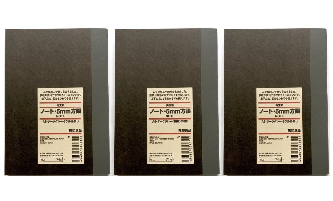 Moma Muji Notebook 5 mm-grid 30sheets, A6 (4.13 x 5.82 in), Dark Gray, 3 Pack (Japan Import)