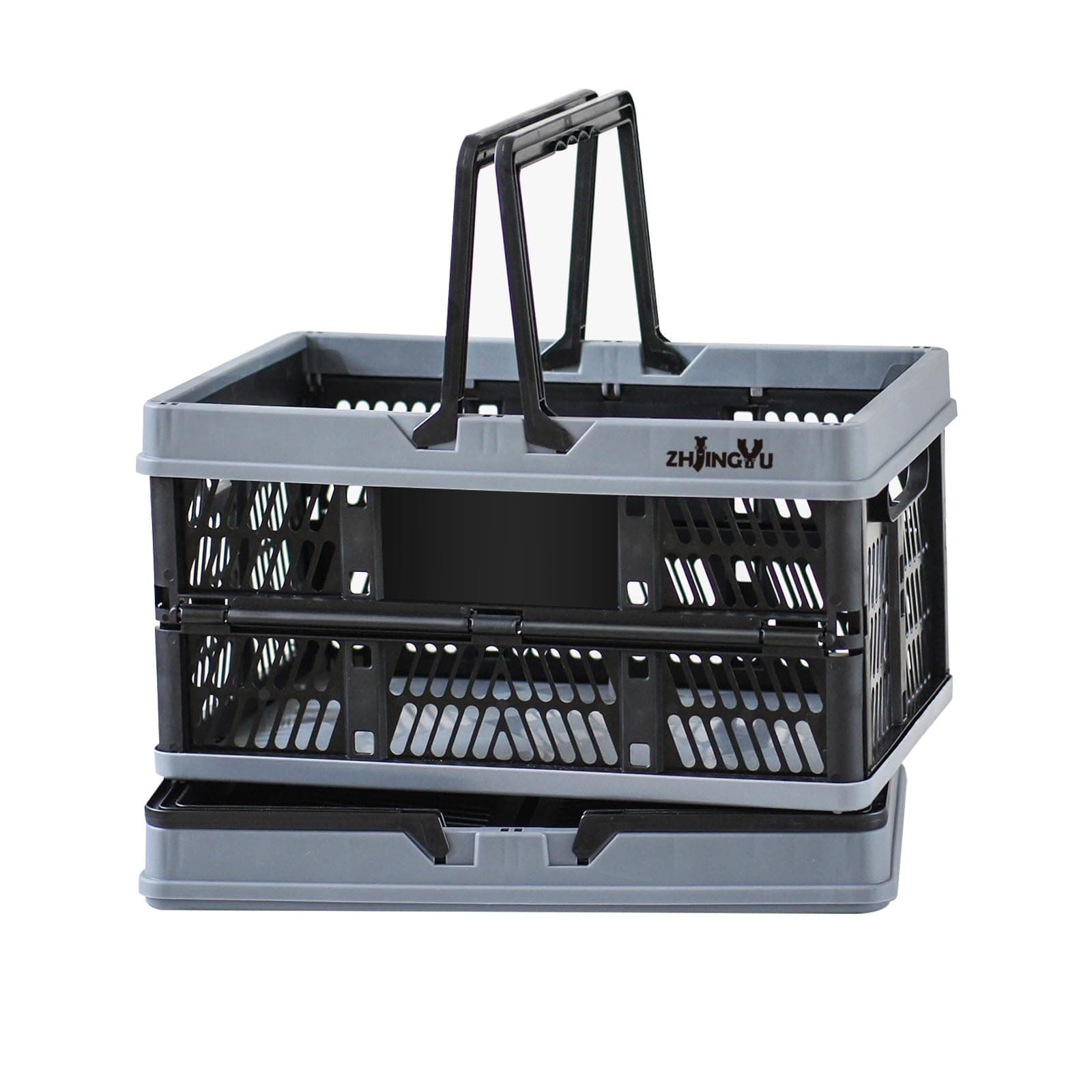 Collapsible Crate, 20L Collapsible Storage Box with Handle, Plastic Crate for Milk Clothes Toy Book Snack Shoe Grocery Storage (Black&Gray)