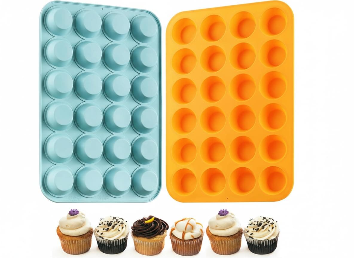 2PCS Silicone Mini Muffin & Cupcake Pan Set,24 Cups Mini Muffin Baking Pan, Non-Stick, BPA Free, Dishwasher Safe, Perfect for Making Muffin, Cakes, Tart (Orange + Peacock Blue)