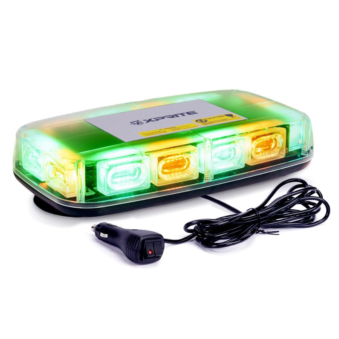 Xprite Upgraded 12" 72LED Rooftop Mini Strobe Lights, Emergency Safety Flashing Beacon Light Bar with Magnetic Base for 12V-24V Construction Vehicles, Trucks, Snow Plow, Postal Car (Amber/Green)