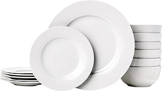 Amazon Basics Porcelain Dinnerware Set, Microwave and Dishwasher Safe, Service for 6, 18-Piece, Plates, Bowls, White