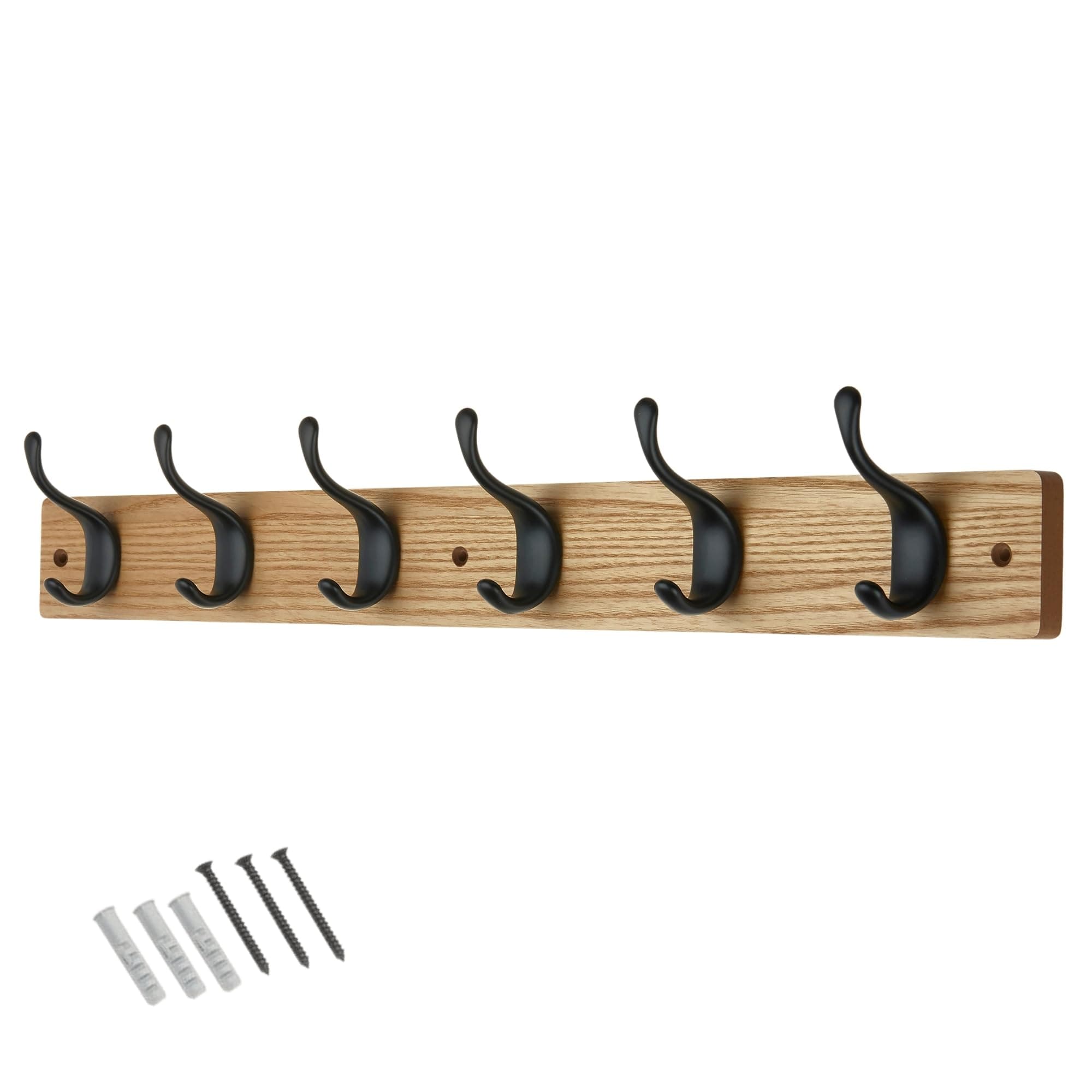 6 Matte Black Coat Hooks on Ash Effect Wooden Board - 68cm Modern Wall Mounted Coat Rack Clothes Hanger