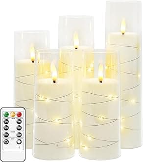 Flameless LED Candles with Timer 5 Pc Flickering Flameless Candles for Romantic Ambiance and Home Decoration Stable Acrylic Shell,with Embedded Star String，Battery Operated Candles（White）