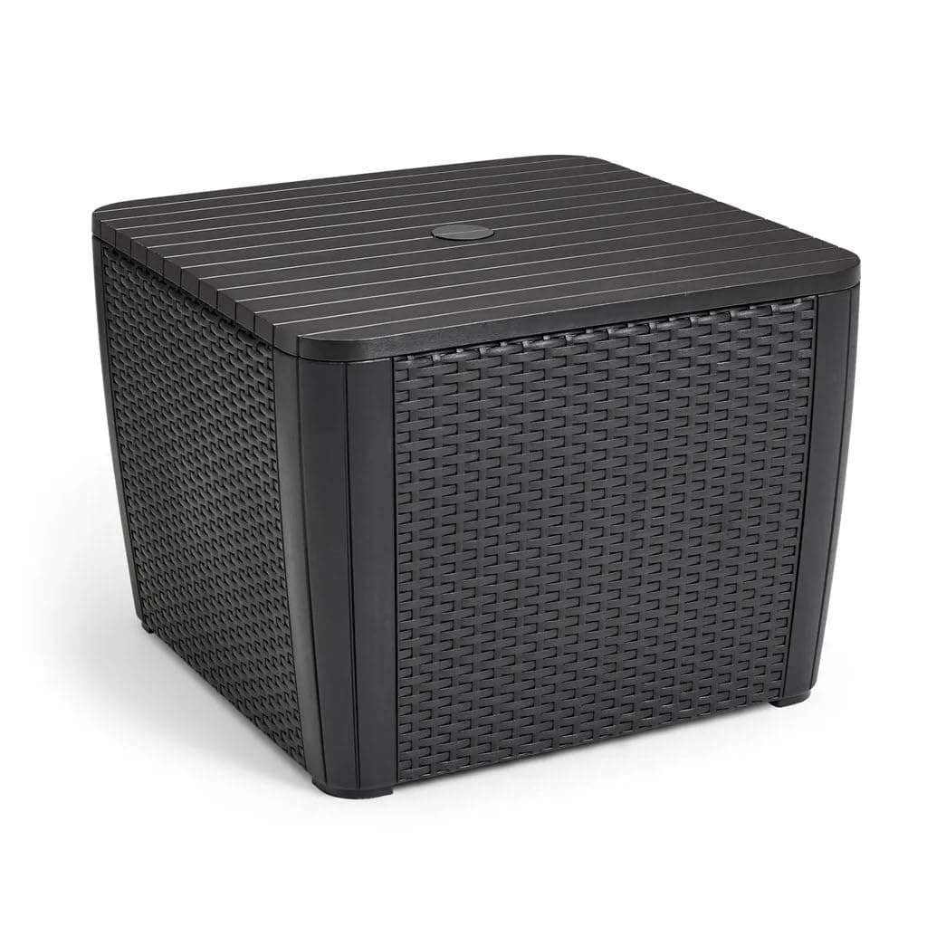 Keter Allibert Garden Table Patio Umbrella Table Flat Wicker Graphite with Hole for Umbrella Removable Lid with Storage Space Plastic Flat Rattan Look