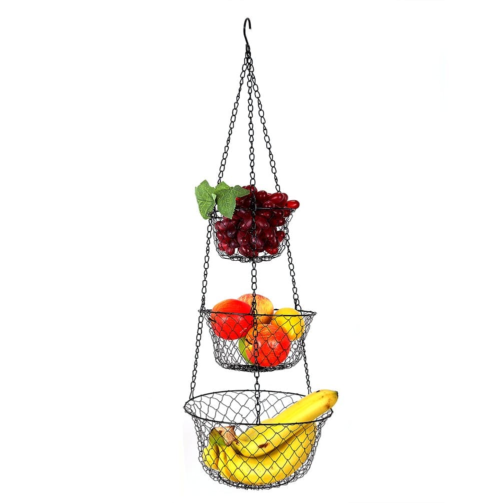 Hanging Basket, Fruit Basket, 3 Tier Wire Fruit Vegetable Basket for Kitchen, Black