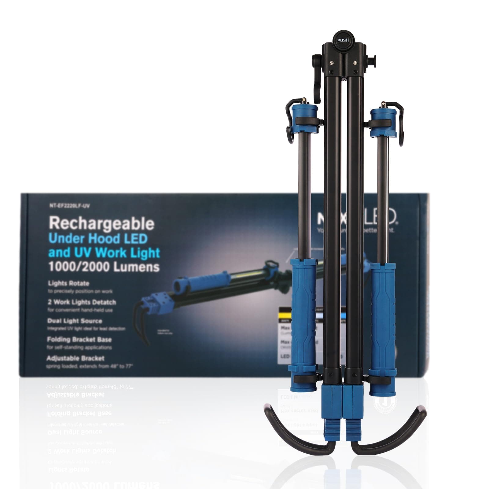 NextLED NT-2220LF-UV LED Underhood Work Light, 2000 Lumen, 8000mAh Rechargeable Battery, UV Light, Detachable Mechanic Under Hood Light Bar, 2 Lights in 1, 51 to 81 Inch, Auto Mechanic/Car Detailing