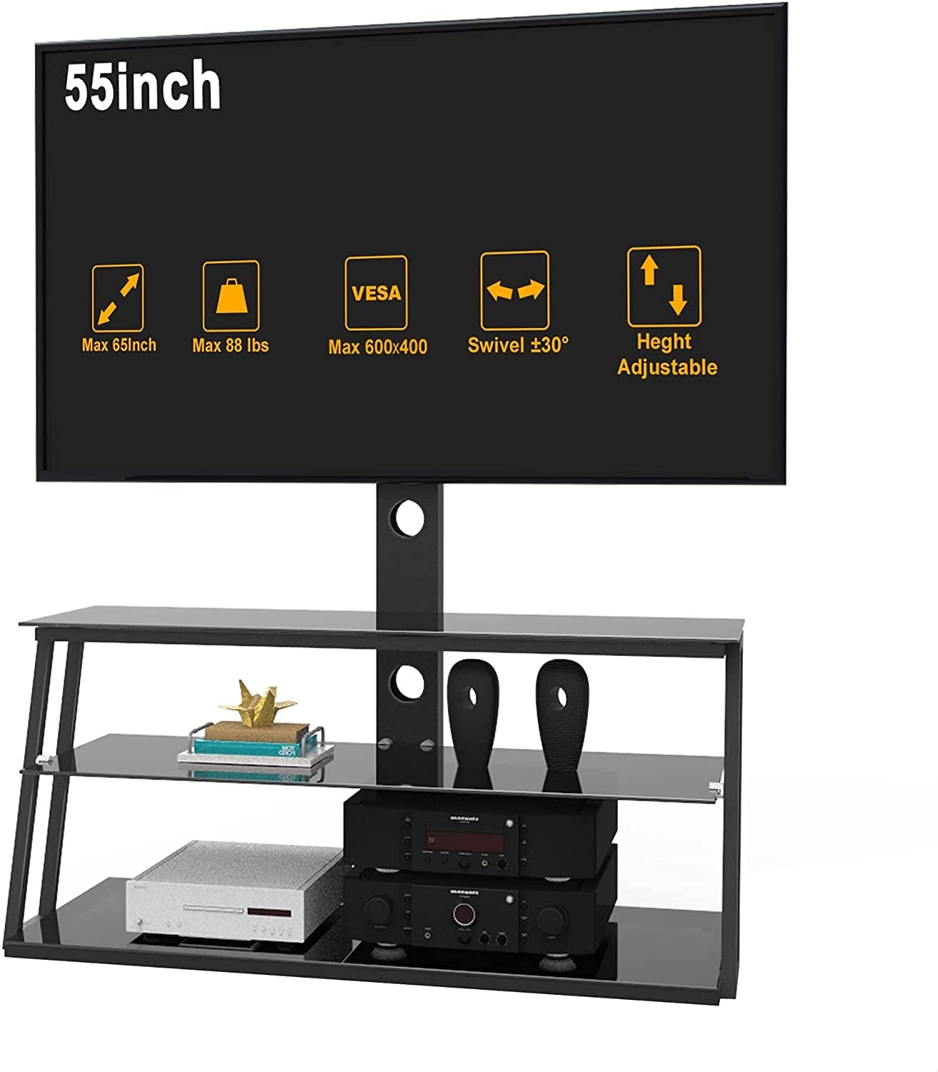 TV Stand with Mount Height Adjustable Bracket Entertainment Stand for 32 to 65 inch Plasma LCD LED or Curved Screen TV 3-Tier Tempered Glass Universal Media Stand Floor tv Stand IANIYA