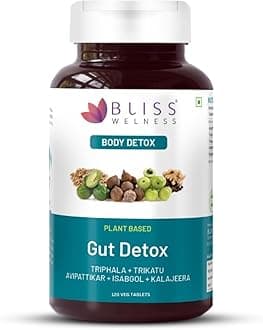 Bliss Welness Gut Detox | Trikatu Isabgol Triphala Avipattikar Kalajeera | Health Cleanse Purify | Stomach Cleanse Purify Digestion Metabolism Toxin Removal Acidity Gas Control Supplement - 120 Vegetarian Tablets