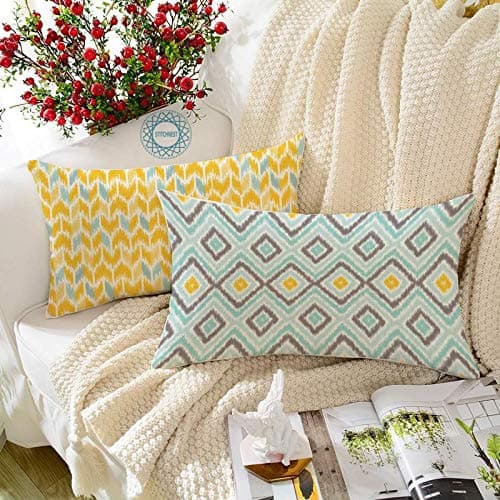 STITCHNEST Ikat Yellow Teal Printed Canvas Cotton Rectangular Cushion Covers, Set of 2 (12 x 18 Inches)