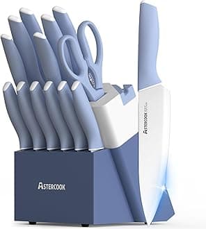 Astercook Kitchen Knife Set with Block and Sharpener 15 Piece Ceramic Coating German High Carbon Stainless Steel Knives Sharp Blade Dishwasher Safe Knife Block Set with Ergonomic Handle, Delicate Blue