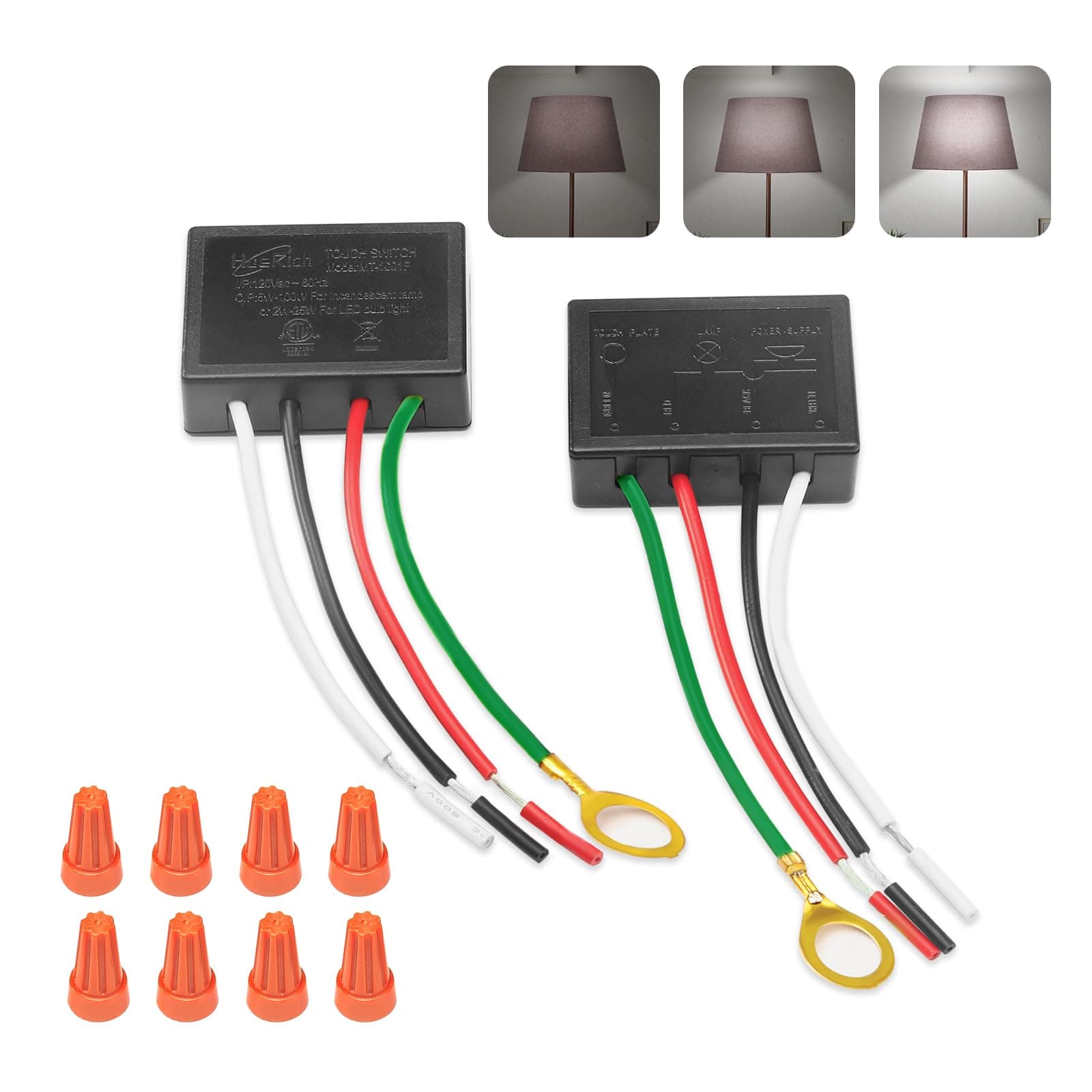 Touch Lamp Switch 2 Pack, Touch Lamp Control Module for Dimmable LED, Incandescent, Halogen Bulbs, Lamp Switch Replacement Kit, Touch Dimmer Sensor with 3 Levels Brightness and Wiring Caps
