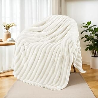 Exclusivo Mezcla Fleece Throw Blanket for Couch, Super Soft Striped Jacquard Bed Blanket, Lightweight Fuzzy Cozy for All Seasons, 50x60 Inches, Ivory