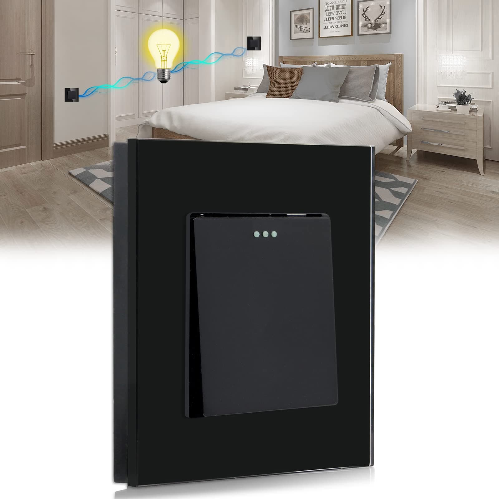 1 Gang 2 Way 2 Way On-Off Switch,Black Recessed Switch,10A Toggle Switch with Glass Panel,Light Switch for Bathroom