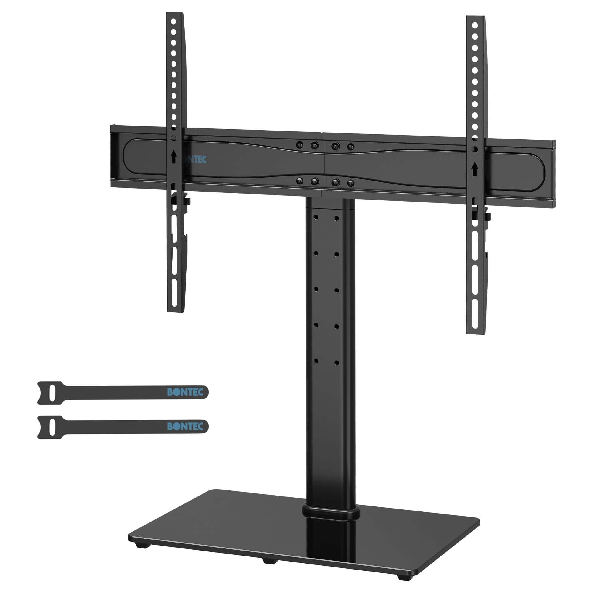BONTEC Universal Table Top TV Stand, Adjustable for 32-65 inch LCD/LED/Plasma TVs, VESA 600x400mm, Tempered Glass Base, Cable Management, Holds 45 KG, Mobile TV Stand for Living Room, Bedroom