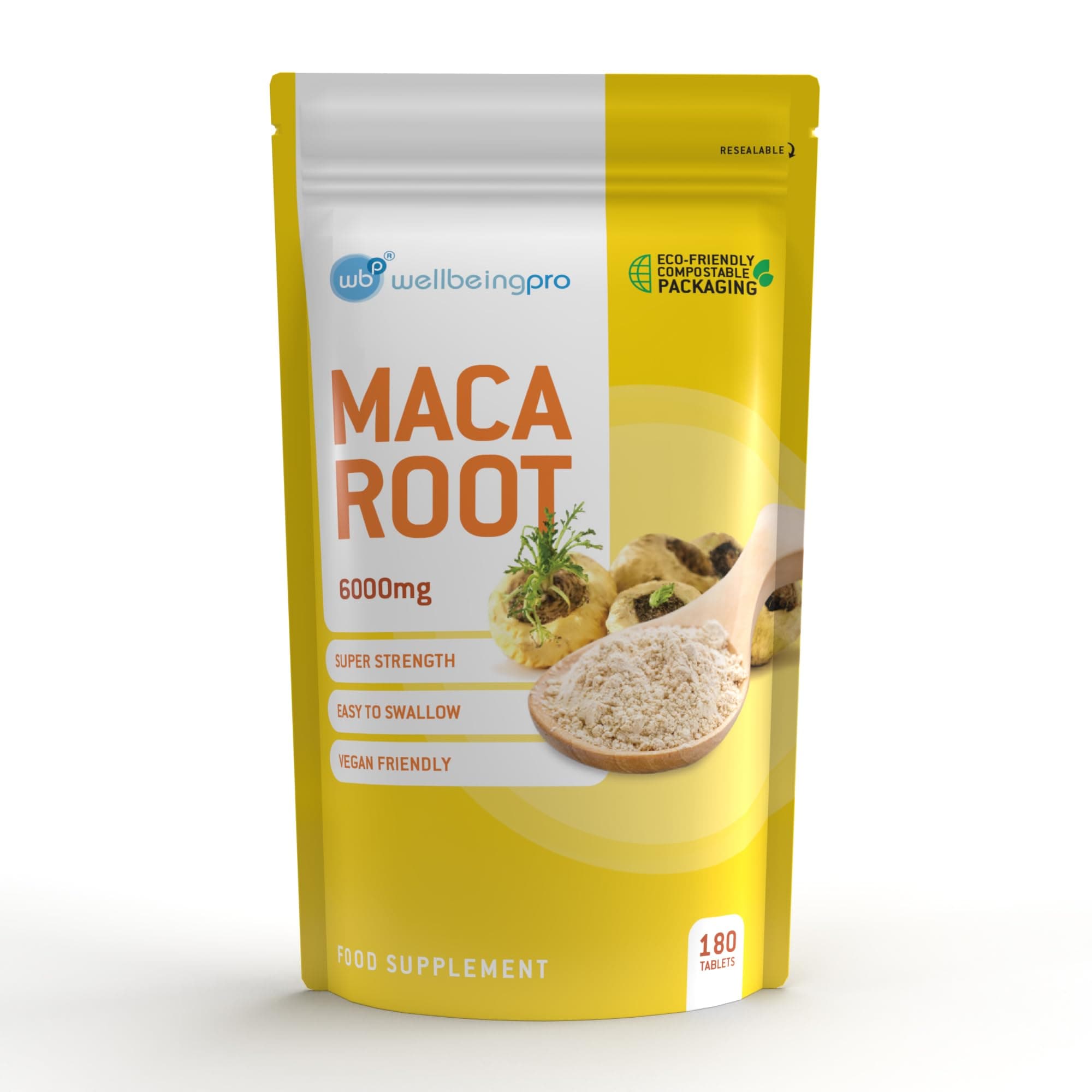 Maca Root 6000mg Tablets (6 Month Supply) - Super Strength Vegan Extract - Eco & Letterbox-Friendly Compostable Packaging - Premium Quality GMP Certified Peruvian Maca Made in the UK - 180 Tablets