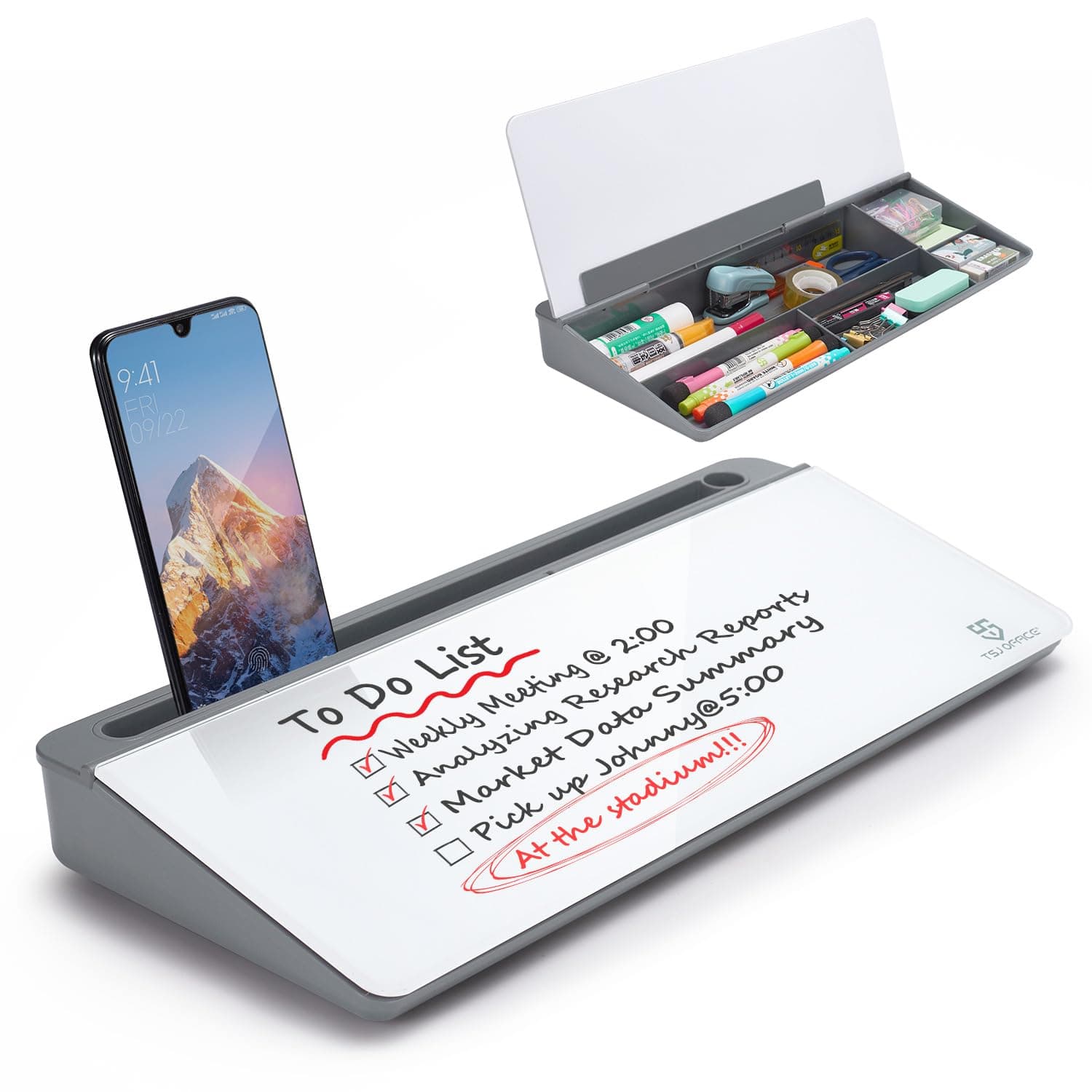 Small Desktop Glass Whiteboard Dry-Erase-Board - Computer Keyboard Stand White Board Surface Pad with Drawer, Desk Organizers with Accessories for Office, Home, School Supplies - Grey