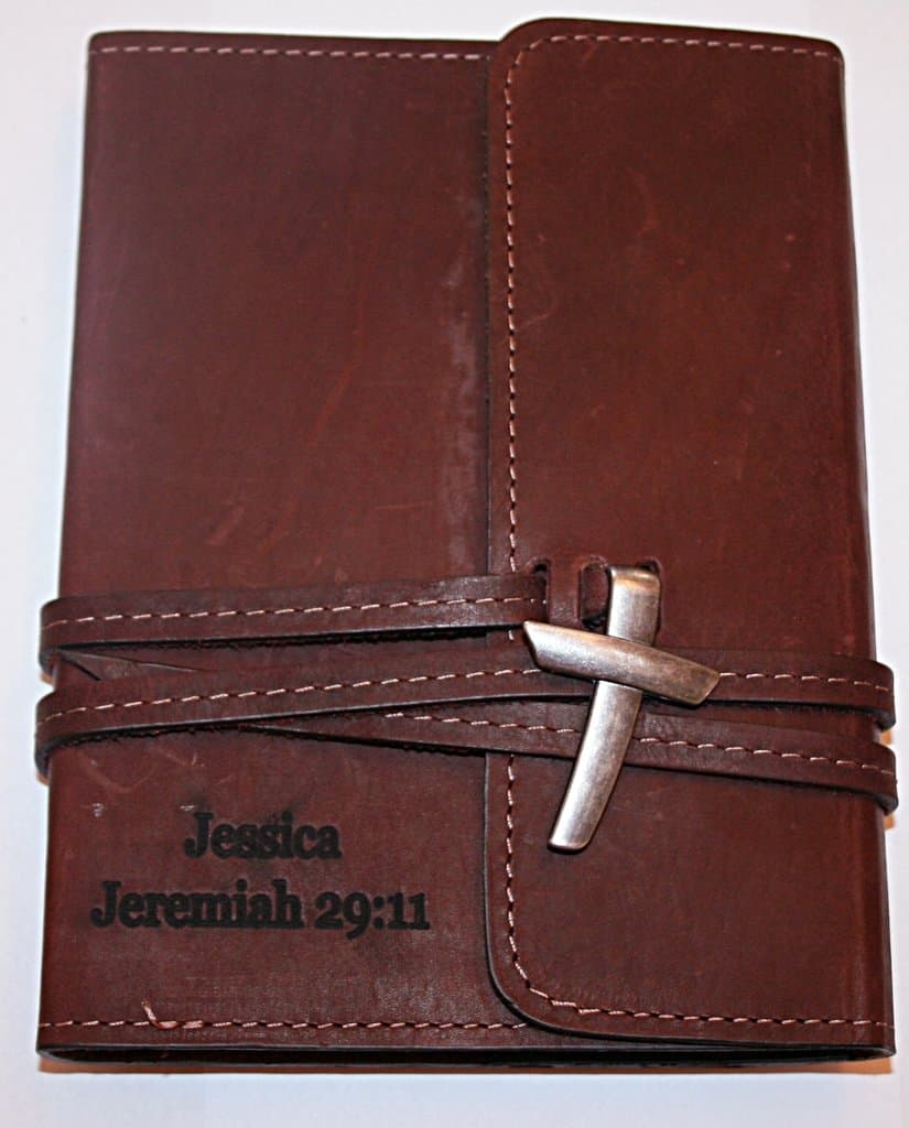 Personalized Leather Journal 5" X 7" Genuine Top Grain Latigo Leather - With Leather Strap Closure and Pewter Finish Cross and Refillable Lined Kraft Paper Insert.