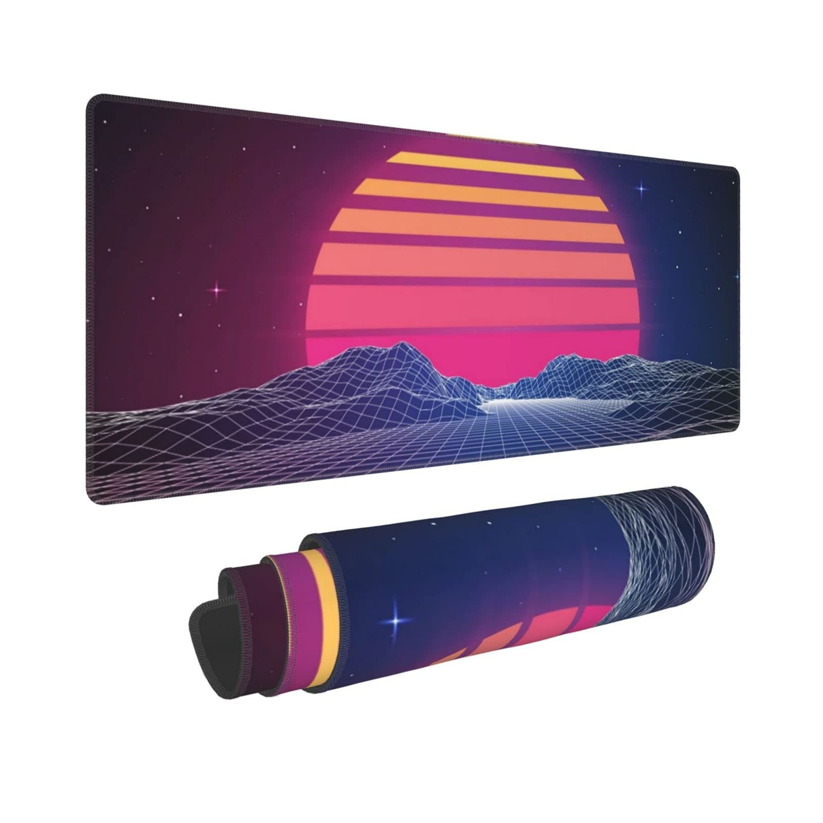 Retro Neon Sunset Synthwave Extended Mouse Pad 31.5x11.8 Inch XL Retrowave Vaporwave Non-Slip Rubber Base Large Gaming Mousepad Stitched Edges Waterproof Keyboard Mouse Desk Pad for Office Home