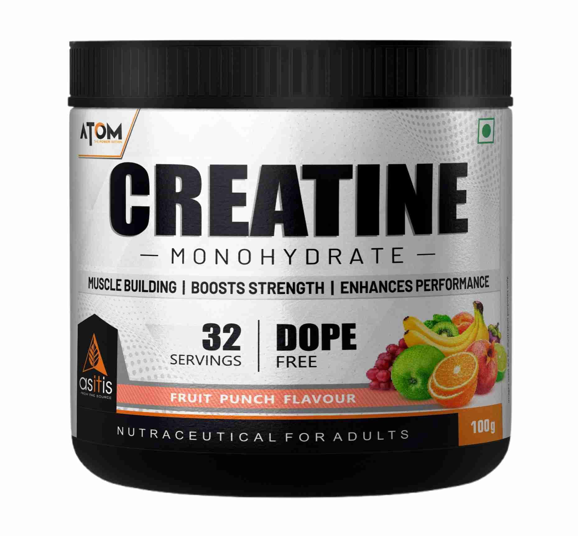 Atom Creatine Monohydrate Powder 100 grams - 32 Servings, Fruit Punch, Dope Free, Enhances Performance, Promotes Muscle Gains