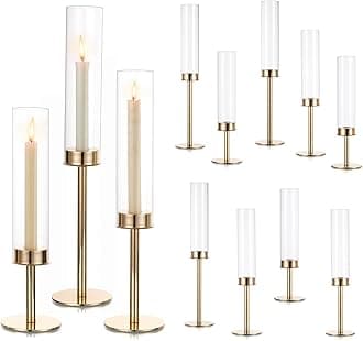 Hewory Gold Candle Holders Hurricane Candlestick Holders, 12Pcs Candle Stick Candle Holder Candelabra, Taper Candle Holders with Glass Candle Cover for Wedding Table Centerpiece Christmas Decor