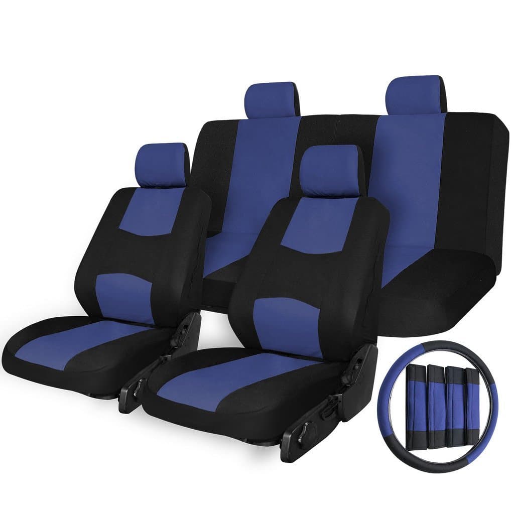 Universal Mesh Farbic Seat Covers 17pc Full Set, Front Airbag Compatible - 5 Headrest cover 1 Steering Wheel Covers - Black / Blue
