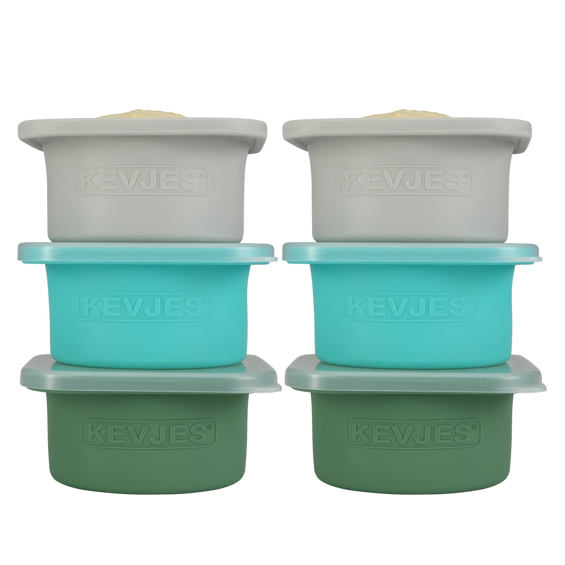 KEVJES Stackable Silicone Pizza Dough Tray with Lids-500ml portion-6pack (2 Green+2 Blue+2 Grey)