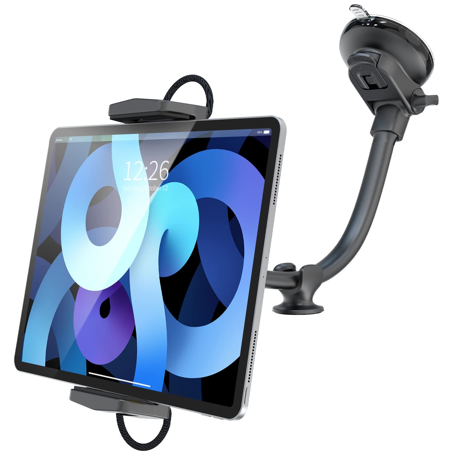 OQTIQ Tablet Holder for Car Dashboard Windshield Car Tablet Mount for Truck Strong Suction Cup Flexible Gooseneck Compatible with iPad Pro, Air, Mini, Galaxy, Fire, 4.7-13" Tablets, and 4-7" Phones
