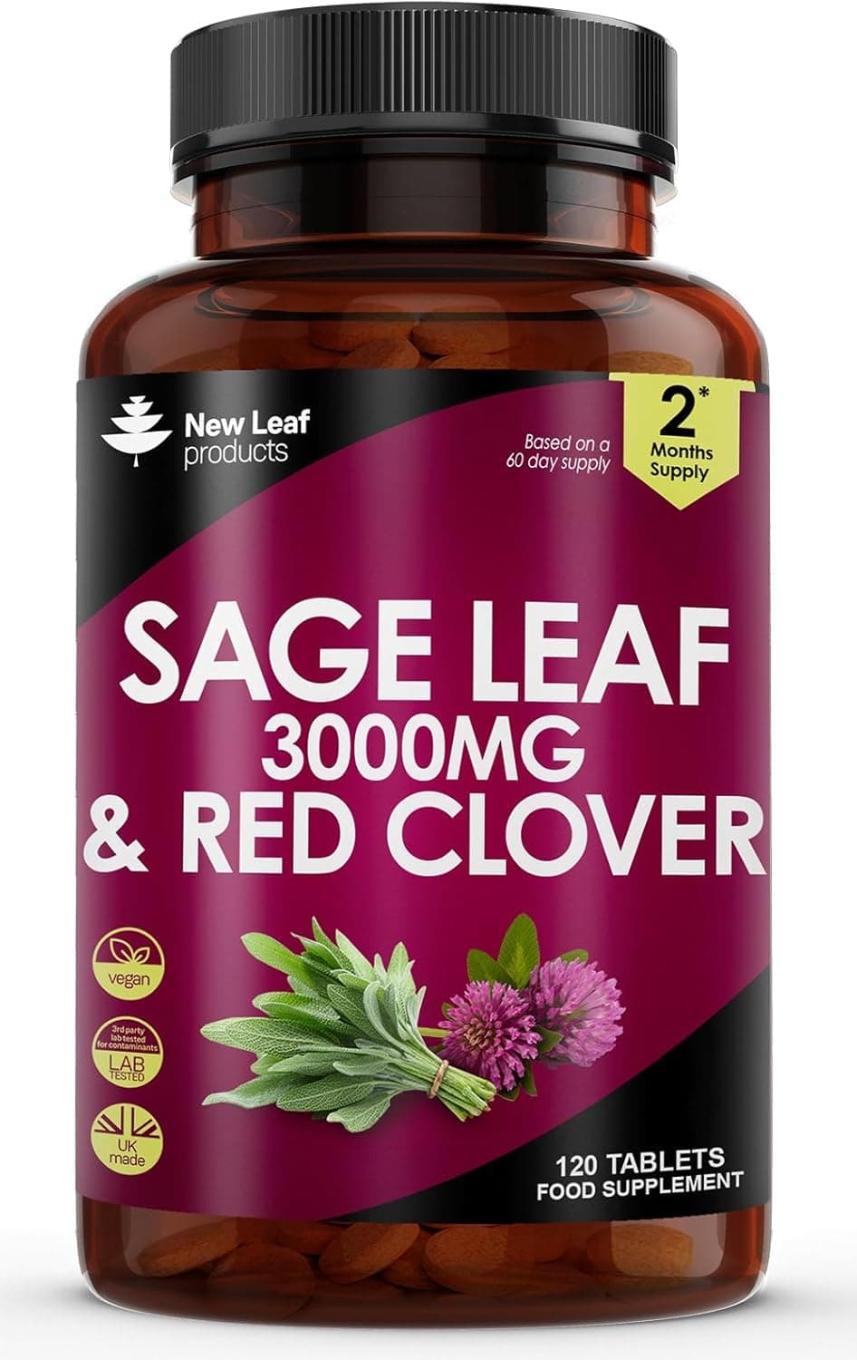 Sage Leaf & Red Clover Tablets for Menopause - 3000mg High Strength Perimenopause Supplements with Sage Leaf and Red Clover Menopause Supplements - Vegan 120 Tablets Made in UK By New Leaf