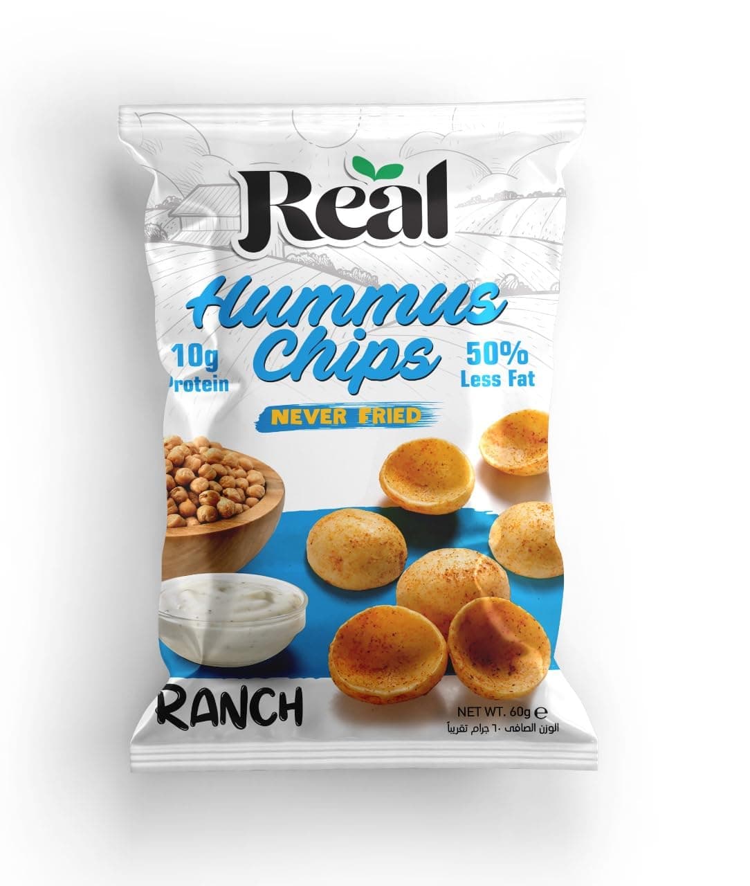 Real Chips - Hummus Chips – Ranch Flavor, 60g Pack – 50% Less Fat, 10g Protein, Never Fried, Crunchy & Healthy Snack