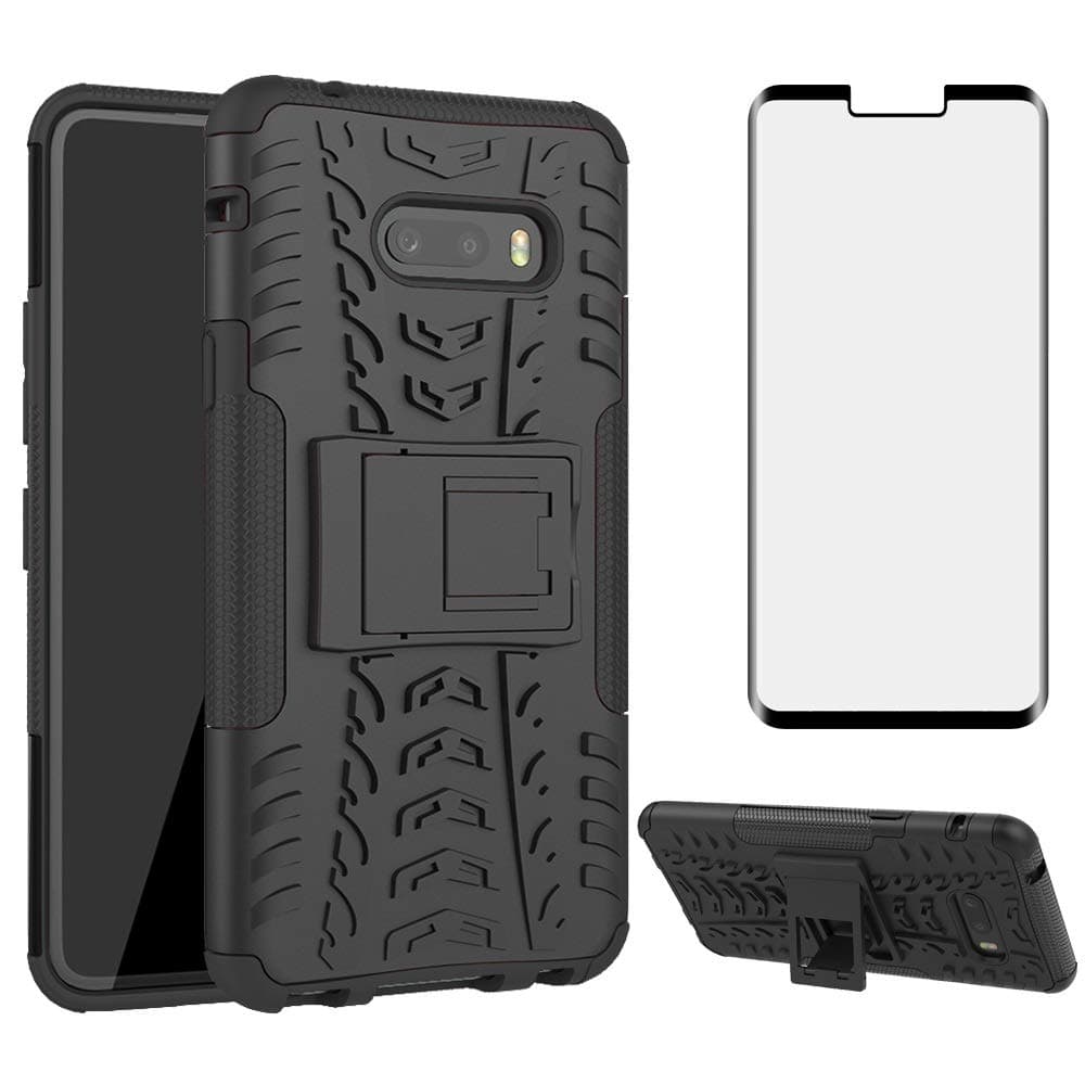Phone Case for LG G8X ThinQ V50S Thin Q with Tempered Glass Screen Protector Cover and Stand Kickstand Hard Rugged Hybrid Protective Cell Accessories LGG8XThinQ GX8 8X Cases Boys Women Girls Men Black
