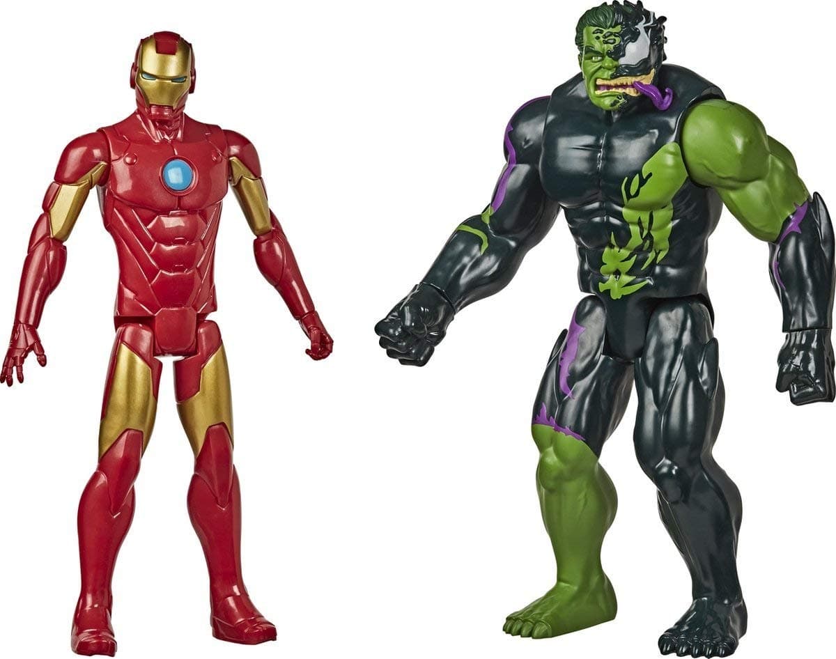 Marvel Spider-Man Maximum Venom Titan Hero Iron Man Vs. Venomized Hulk Action Figure 2-Pack, With Blast Gear-Compatible Back Ports, Ages 4 And Up