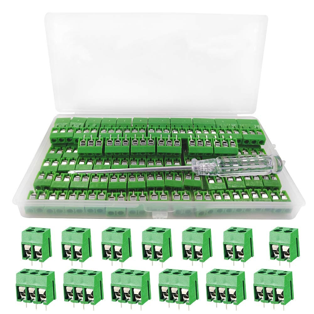 100 PCS Universal PCB Board Kit, 5mm Pitch 2-Pin & 3-Pin PCB Mount Screw Terminal Block Connector for Arduino (80 × 2-Pin, 20 × 3-Pin)