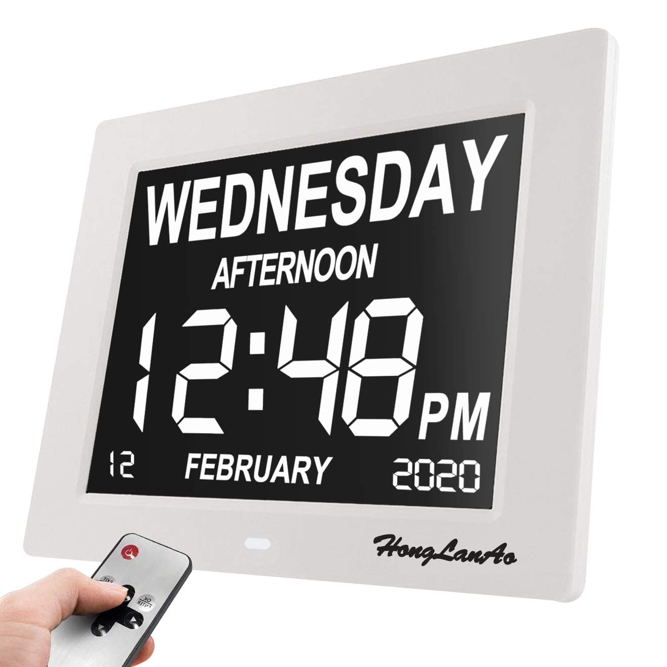 8" The Original Memory Loss Digital Calendar Day Clock with Extra Large Non-Abbreviated Day & Month.(White)