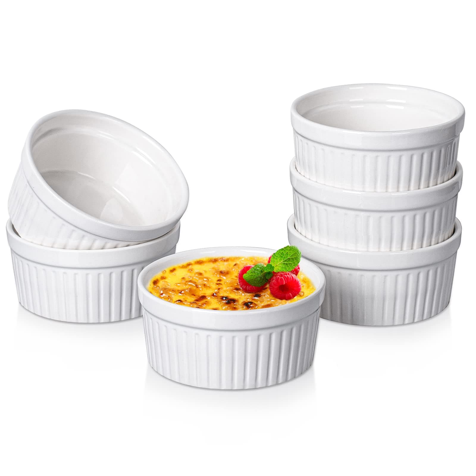 Ramekins 8 Oz Oven Safe/Dessert/Ice cream/Snacks Bowls, Small Ceramic Creme Brulee Dishes for Baking, Souffle, Pudding, White Set of 6
