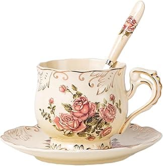 Tea Cup and Saucer Set, 8 oz Tea Cup Set, Teacup, Ceramic Tea Cup with Suacer Spoon, Ivory Vintage Rose Floral with Gold Leaves Trim, Gifts for Women