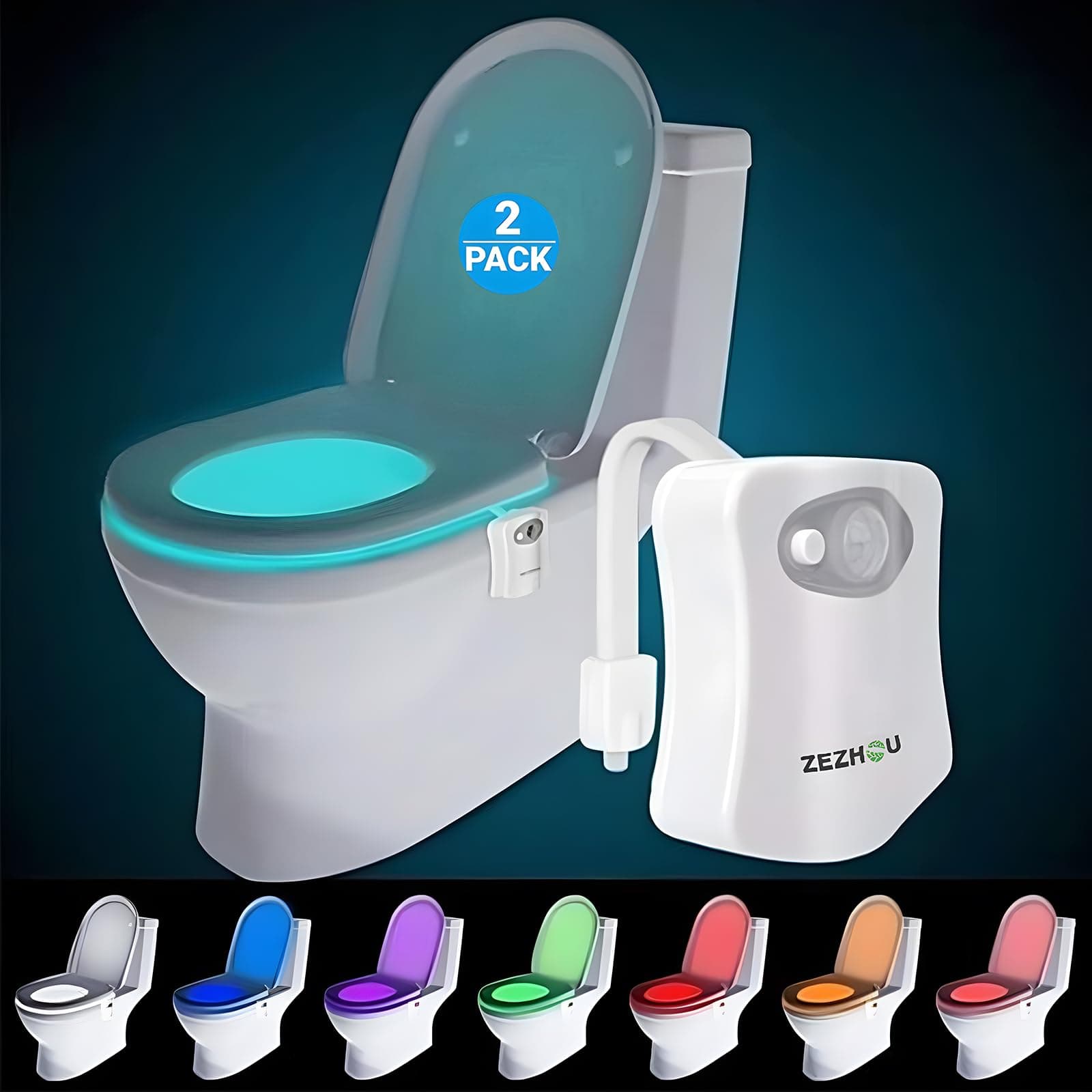 ZEZHOU Original Toilet Night Light 2 Pack, Motion Sensor Activated LED Lamp, Fun 8 Colors Changing Bathroom Nightlight Add on Toilet Bowl Seat, Perfect Decorating Gadget for Dad Adults Kids Toddler