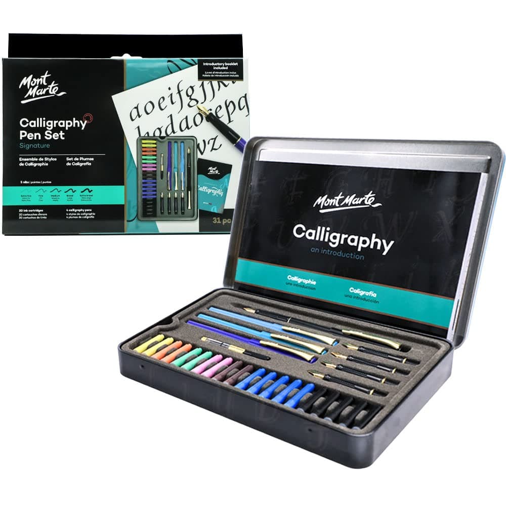 Calligraphy Set, 32 Piece. Includes Calligraphy Pens, Calligraphy Nibs, Ink Cartridges, Introduction Booklet and Exercise Booklet, Packaging May Vary