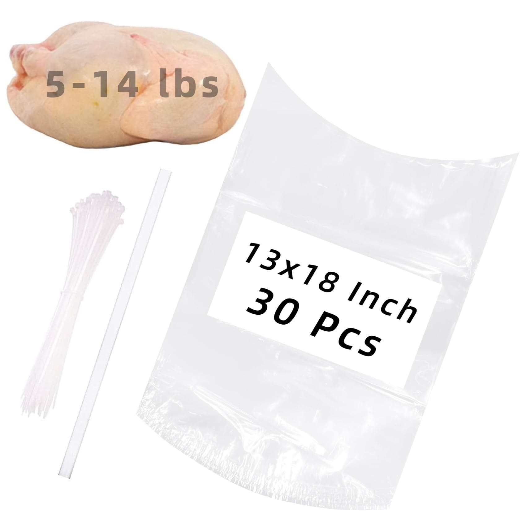 Poultry Shrink Bags,30 Pack 13x18Inches Clear Poultry Heat Shrink Wrap Freezer With 30 Zip Ties,a Silicone Straw for Chickens,Rabbits