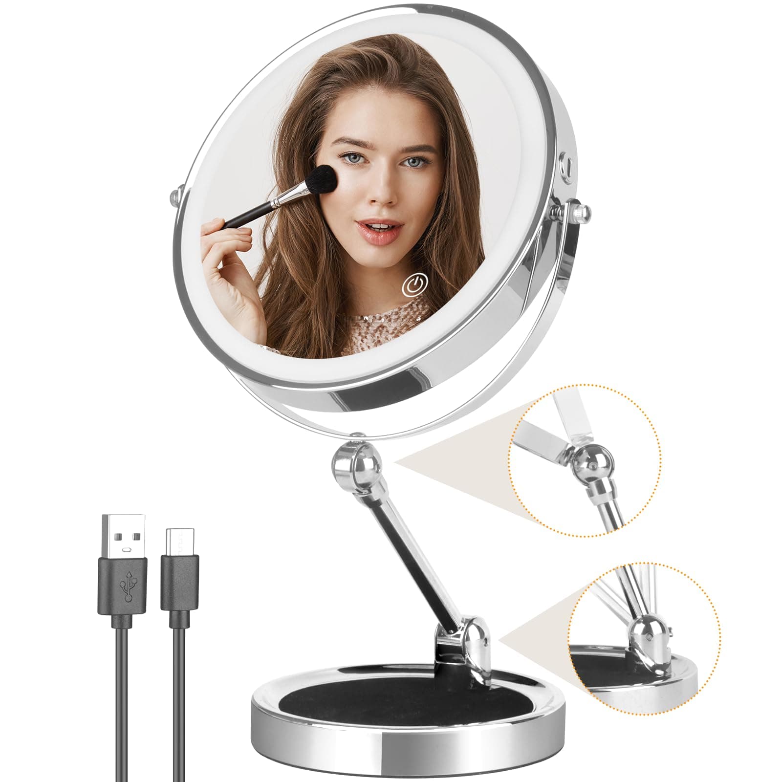 Lighted Makeup Mirror, 1X/10X Lighted Magnifying Mirror, 360 Rotate Makeup Mirror with Lights and Magnification, Double Sided Make up Mirror with Lighting, 3 Colors Brightness Adjustable