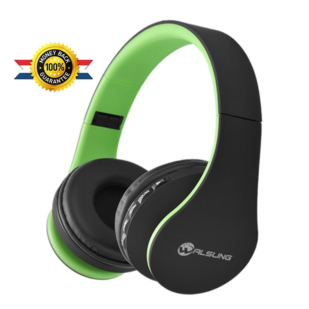 Walsung Bluetooth Headphones Over-ear Stereo Foldable Wireless + Wired Headset with Microphones Support [TF card,FM Radio,Music streaming,Hands-free Calling] for cell phone,PC,LG,iPad (Green)