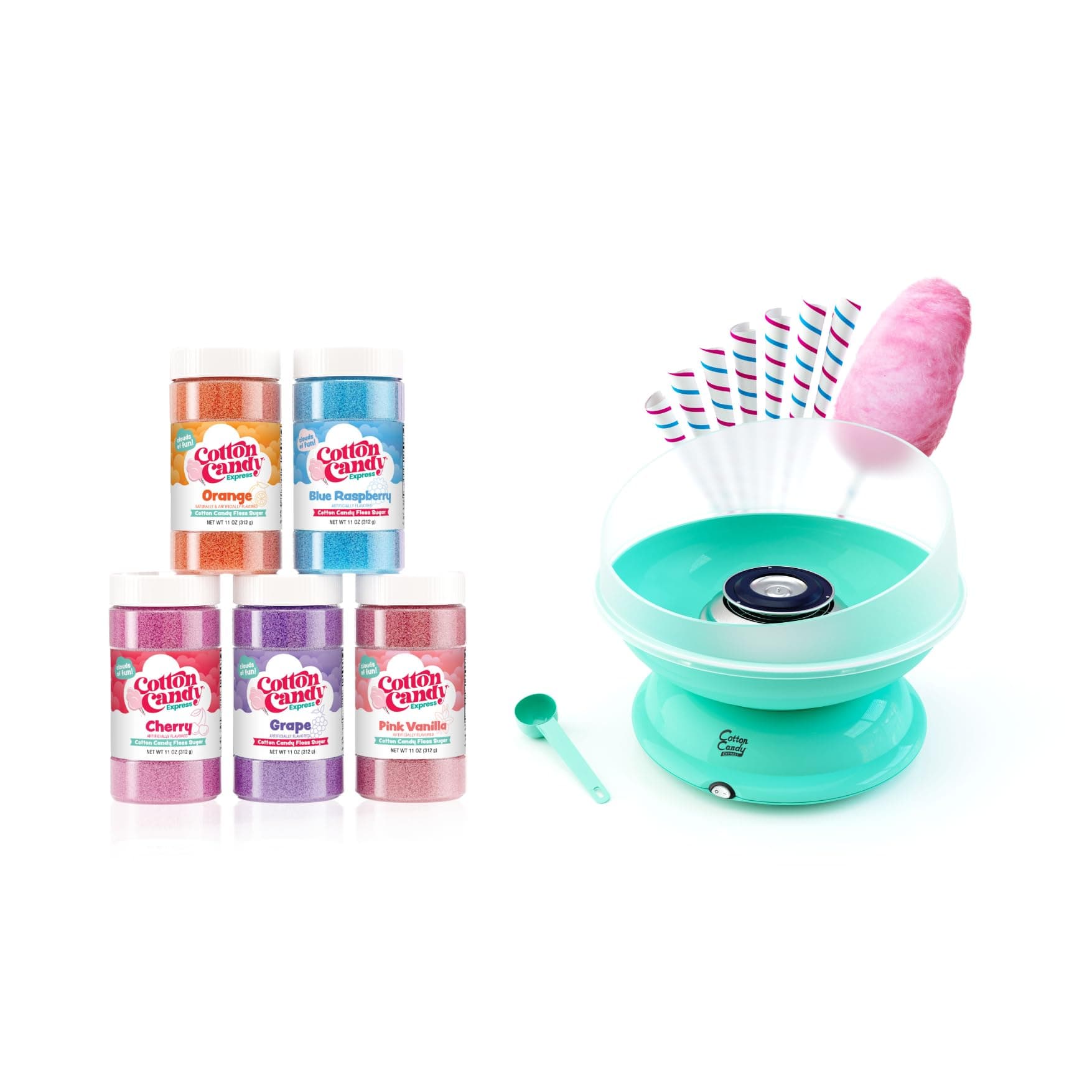 BB1000-S Cotton Candy Machine, with 5-11oz. Jars of Cherry, Grape, Blue Raspberry, Orange, Pink Vanilla Floss Sugar & 50 Paper Cones Easy to Use and Clean